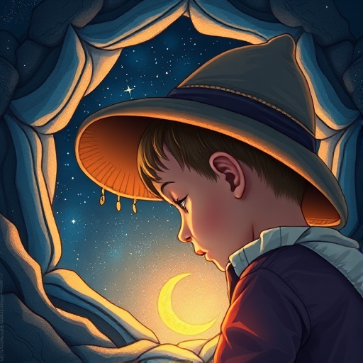 create a detailed illustration of a child wearing a hat peering into a glowing portal revealing a starry night sky, with a crescent moon, using a DSLR camera with a 50mm lens, f/1.8 aperture, ISO 200, soft focus background, high dynamic range, and balanced lighting to enhance colors and details