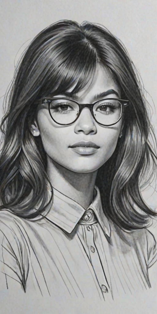 Splendid Zendaya, pencil sketch, portrait of Bewitching woman 1964s in glasses, hair style beatnik, outline, clear lines, fine lines, 8k