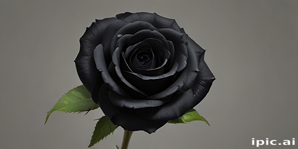 Elegant Black Rose on a Soft Gray Background with Green Leaves