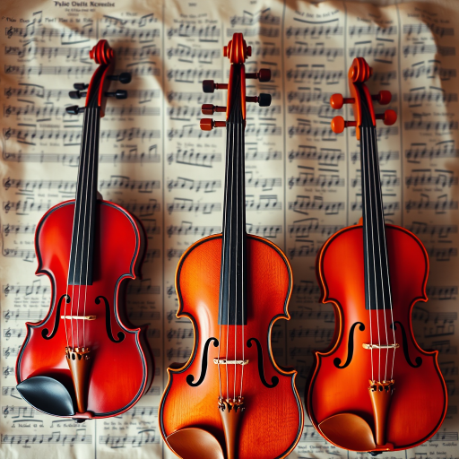 Create an artistic representation of three violins in varying shades of red and orange against a textured vintage sheet music background, captured with a DSLR camera at f/4 aperture, ISO 100, 50mm lens, soft focus style, natural lighting to enhance details and colors.