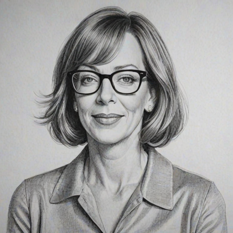 Charming Allison Janney, pencil sketch, portrait of Radiant woman 1926s in glasses, hair style beatnik, outline, clear lines, fine lines, 8k