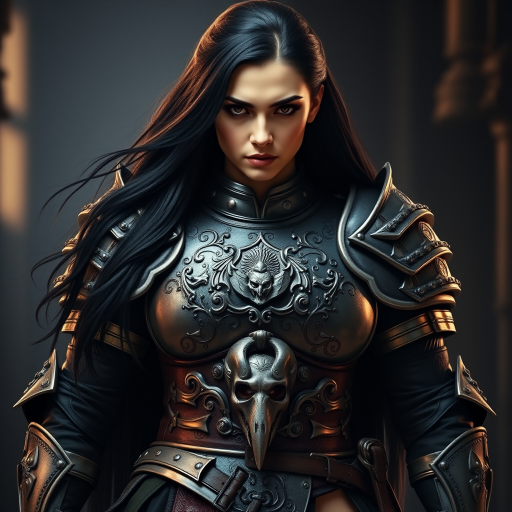 Create a photo of a fierce Circassian female warrior with long black hair, wearing an ornate, metallic armor. The armor includes a breastplate with intricate designs, shoulder guards, and gauntlets. The breastplate is decorated with a central emblem, possibly representing a mythical symbol, and has a sculpted, form-fitting design. She wears a belt with a large skull ornament at the center, and her armor extends into a partial skirt, revealing one leg. The overall look is both protective and stylish, with a dark, gothic aesthetic. The background is dimly lit, suggesting a medieval or fantasy setting, enhancing the warrior's imposing presence and intense expression.