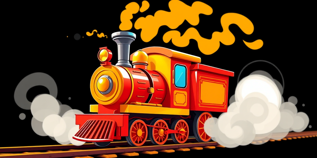 Create a vibrant illustration of a cartoon train, featuring bright red, orange, and yellow colors, with playful smoke puffs, in a dynamic angle, using a DSLR camera at f/2.8, 1/200s, ISO 100, and a macro lens for sharp detail.