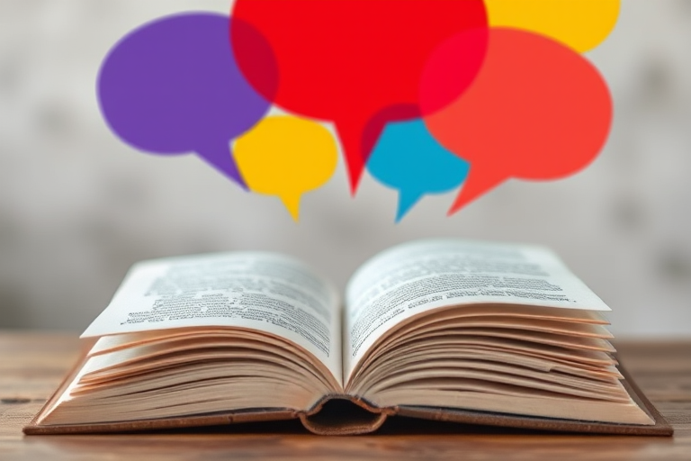 open book with colorful speech bubbles floating above it, shallow depth of field, f/2.8, 50mm lens, daylight, high dynamic range, soft focus background, DSLR camera