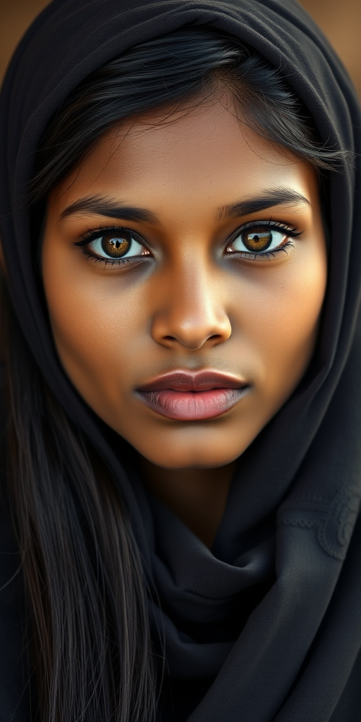 Create a portrait of a young Sri Lankan woman with long, dark hair and captivating hazel eyes. She is wearing a dark headscarf and a matching scarf draped gracefully around her neck. The background is softly blurred, focusing attention on her serene and natural expression. The overall color palette is muted and warm, enhancing the intimate and authentic feel of the portrait.