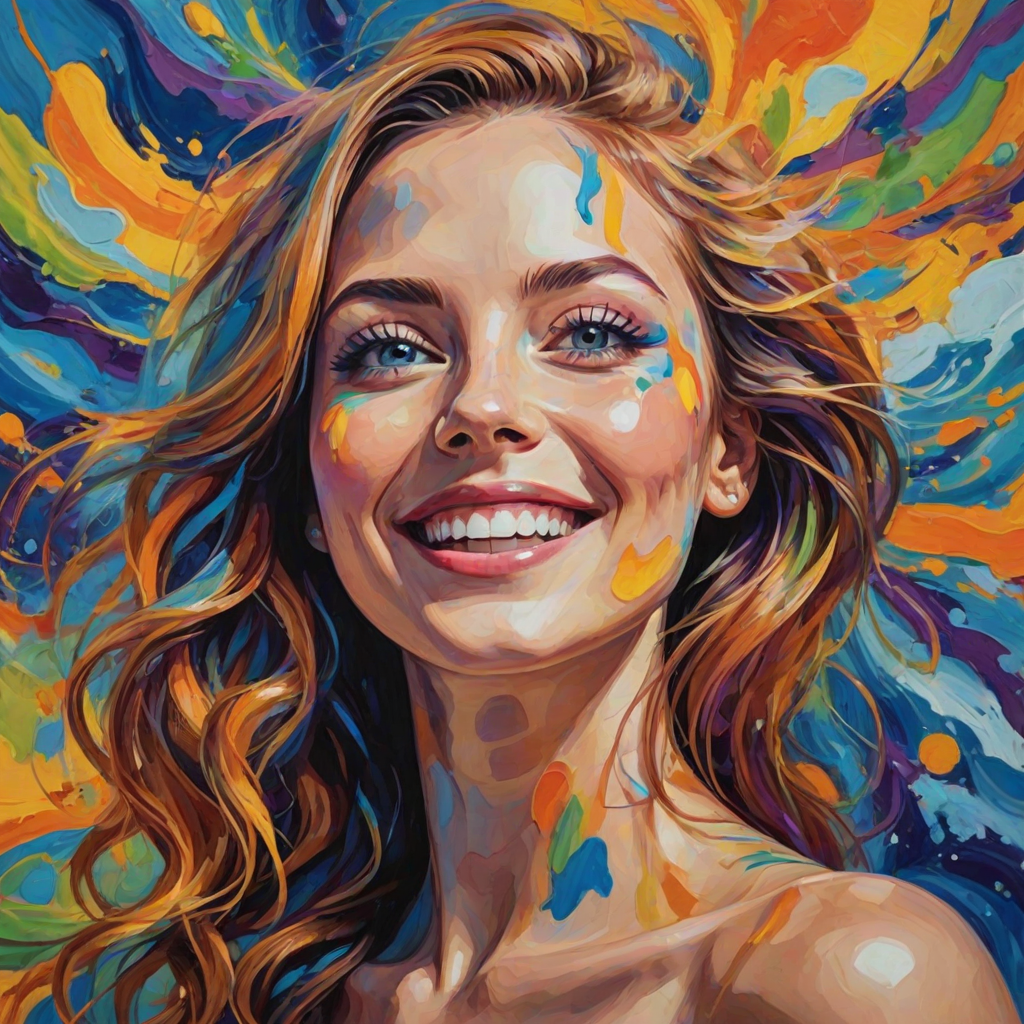 Generate a psychedelic portrait of a woman's happy face with brushstrokes of a woman smiling and looking up at the sky, emphasizing bright and bold colors. The dominant color should be deep blue, with swirling patterns of yellow, green, pink, purple and orange. open blue eyes with long eyelashes, apply an orange-yellow eyeshadow for a mesmerizing effect.