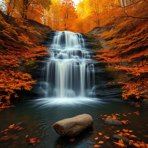 capture a serene waterfall surrounded by vibrant autumn foliage with a soft focus on the water, use a DSLR camera with a 35mm lens, aperture set to f/8 for depth of field, shutter speed of 1/4 sec for silky water effect, and ISO 100 for clarity, in a landscape orientation during golden hour lighting