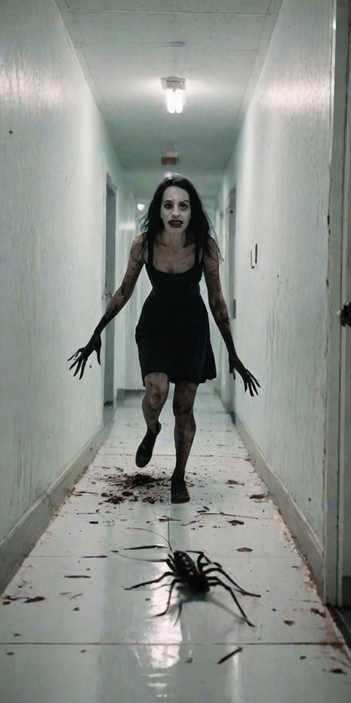 a crooked female with long arms and a creepy smile is crawling along a long white corridor and you can also see cockroaches in it there is a creepy atmosphere creepy art style