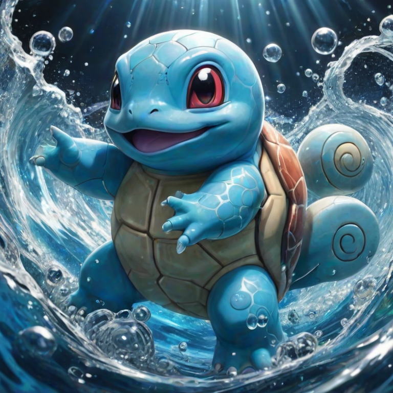 the image features a squirtle. it is surrounded by an aura of water waves and bubbles with intricate, blue glow