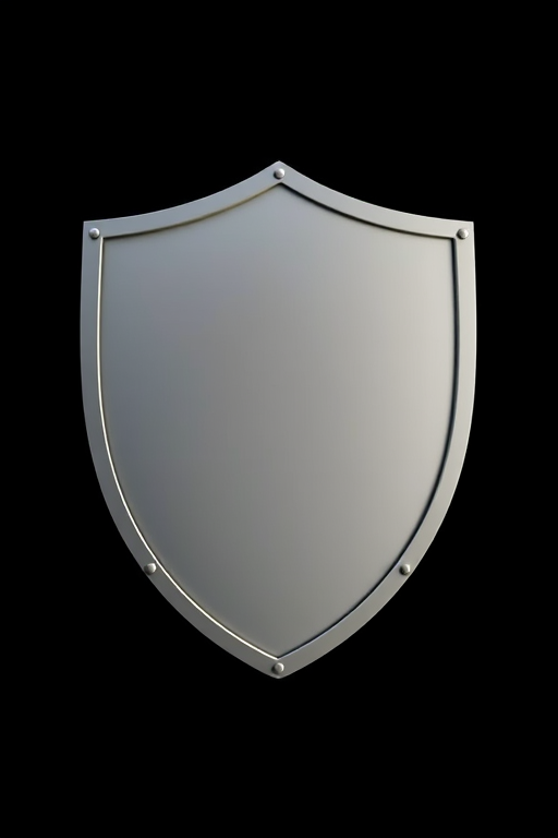 Create a high-contrast image of a blank shield design on a black background, using a DSLR camera with a 50mm lens at f/2.8, ISO 100, and shutter speed of 1/125s, capturing from a straight-on view with soft lighting to enhance the edges and details of the shield.