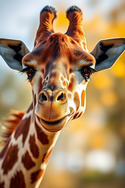 generate a high-resolution image of a giraffe close-up portrait with a shallow depth of field using a Canon EOS R5 with a 50mm lens at f/1.8, ISO 100, and natural daylight to create vibrant colors and soft bokeh in the background.