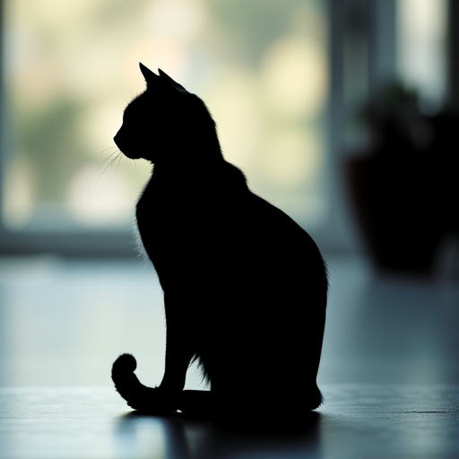 Generate a high-resolution image of a stylized black and white silhouette of a cat sitting gracefully, captured with a Canon EOS R5, 50mm f/1.2 lens, aperture f/1.2, ISO 100, in a soft natural light setting, utilizing a shallow depth of field for enhanced focus on the silhouette.