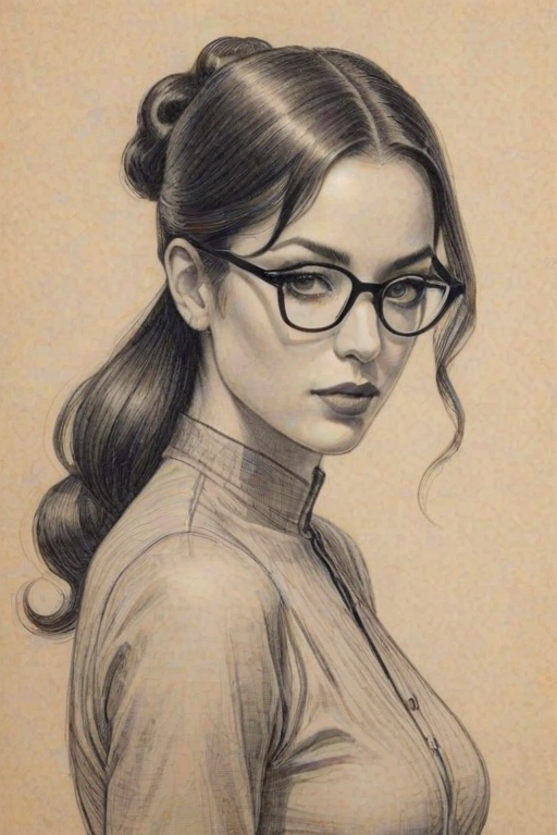 Ravishing Kitana Kiki Rodriguez, pencil sketch, portrait of Bewitching woman 1926s in glasses, hair style beatnik, outline, clear lines, fine lines, 8k
