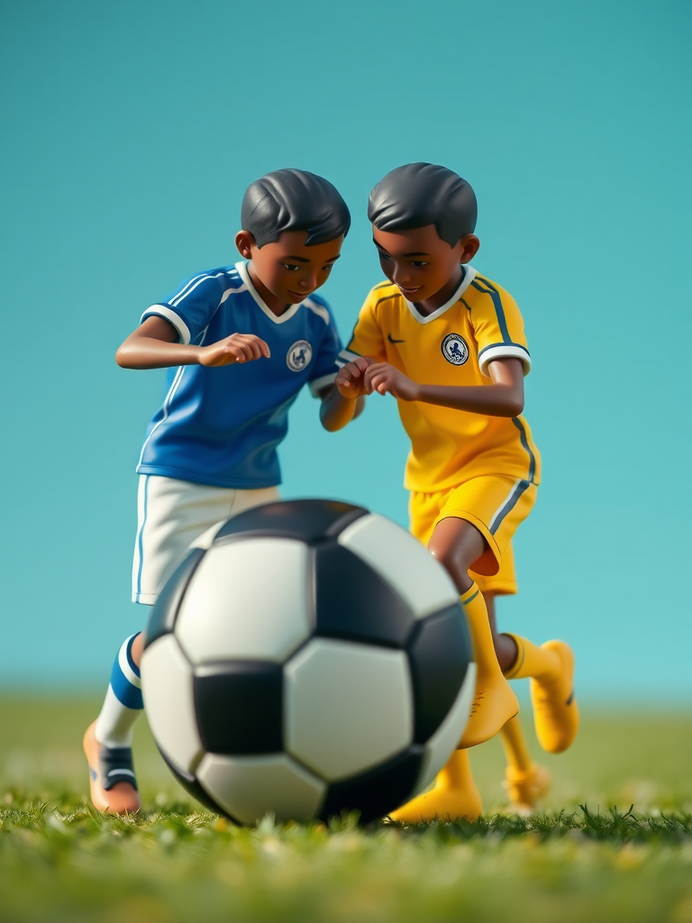 Create an image of two stylized figures in sports jerseys, one in blue and white and the other in yellow, playfully interacting with a large black and white soccer ball, shot in high resolution with a DSLR camera, 50mm lens, f/2.8 aperture, natural light, and a shallow depth of field for a soft background.