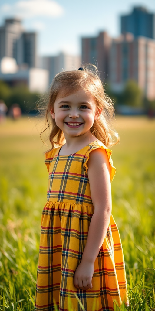portrait of a cheerful young girl wearing a yellow plaid dress, standing in a sunlit grassy field with blurred urban background, capturing candid moment with shallow depth of field, camera settings: f/1.8, ISO 100, shutter speed 1/250, using a DSLR with a 50mm lens, natural light.