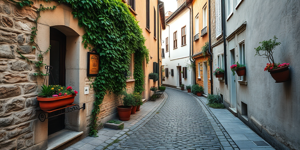 quaint cobblestone alleyway lined with charming houses adorned with flower pots, ivy creeping up walls, soft afternoon light, aperture f/8, shutter speed 1/125s, ISO 400, taken with a DSLR camera, wide-angle lens, soft focus for a dreamy effect