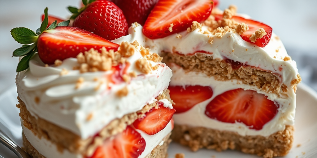 A close-up shot of a delicious layered dessert featuring whipped cream, strawberries, and a crumbly crust, with a slice cut out to reveal the layers inside, garnished with fresh strawberries and crumbs on top, with a soft focus background.