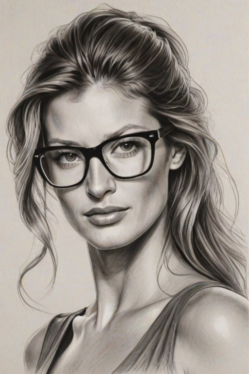 Enticing Gisele Bundchen, pencil sketch, portrait of Ravishing woman 1977s in glasses, hair style beatnik, outline, clear lines, fine lines, 8k