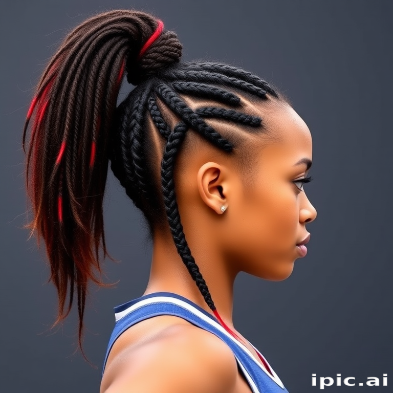 Confident athlete showcasing a high, textured ponytail with cornrow braids along the sides, accented with vibrant red streaks