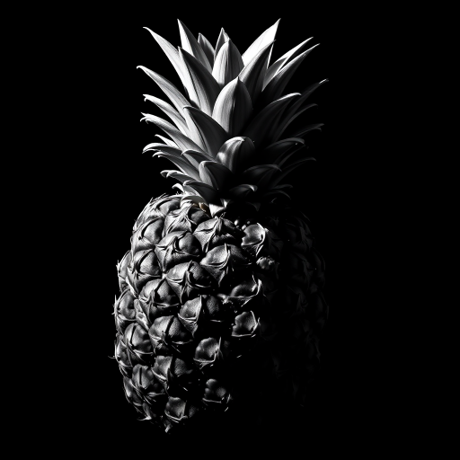 Create a high-contrast black and white image of a pineapple. The pineapple should be prominently featured with a dramatic lighting effect to highlight its texture and details. The background should be completely black to enhance the focus on the pineapple, emphasizing its unique spiky crown and rough skin.