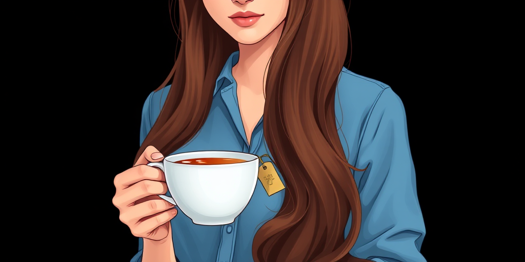 Create an illustration of a woman with long brown hair wearing a blue shirt, holding a cup of tea with a teabag tag, against a solid black background, use a digital art style, with high resolution (300 dpi), and soft lighting effects to enhance details and colors.