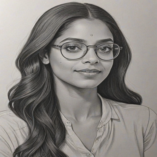 Gorgeous Lilly Singh, pencil sketch, portrait of Graceful woman 1929s in glasses, hair style beatnik, outline, clear lines, fine lines, 8k