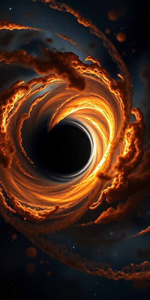 Create a high-resolution image of a black hole surrounded by swirling cosmic gas and dust, using a DSLR camera with a 24mm lens, ISO 100, aperture f/11, shutter speed 1/250s, in a wide-angle view to capture the expansive space environment, utilizing astrophotography techniques to enhance detail and clarity.