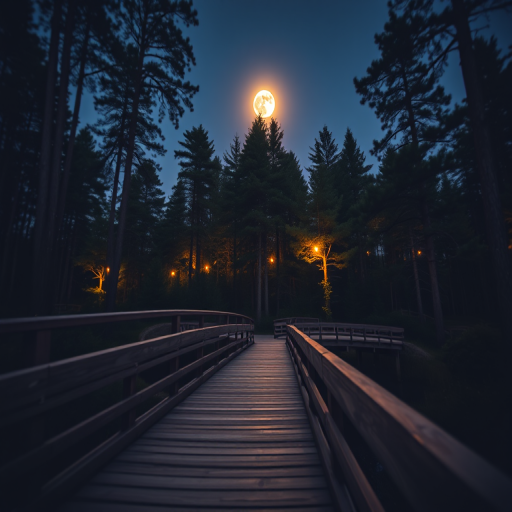 capture a serene wooden bridge under a full moon surrounded by tall trees and soft glowing lights, with a depth of field focusing on the bridge, using a DSLR camera with a 24mm lens at f/1.8, ISO 200, shutter speed 1/30s, in twilight settings to enhance mood and detail.