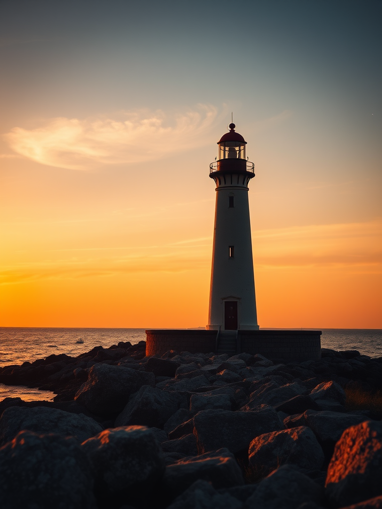 lighthouse at sunset with warm golden light reflecting on the water, wide-angle view, f/11 aperture, ISO 100, 1/125 sec, landscape photography, DSLR camera