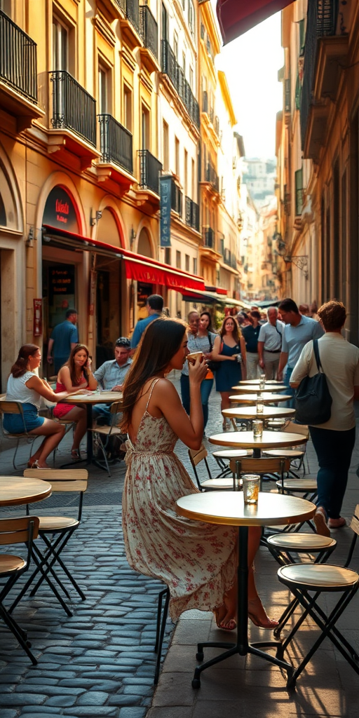 Bustling cafe in a European city, with small tables scattered along the sidewalk, a woman in a light summer dress sips her coffee, watching passersby as the afternoon sun casts long shadows on the cobblestones.