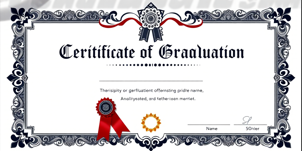 Generate a high-resolution image of a graduation certificate with a decorative border, including the text "Certificate of Graduation" prominently, a ribbon graphic, a sun icon in the bottom right, an empty space for the name and date, captured with a DSLR camera, aperture set to f/5.6, ISO 100, 50mm lens, top-down view, bright lighting to enhance clarity and detail.