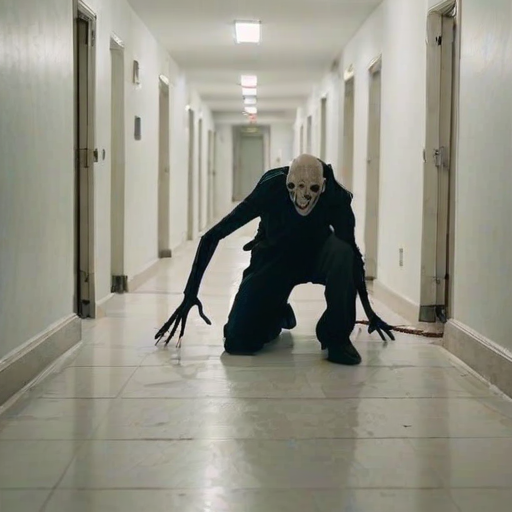 a crooked male with long arms and a creepy smile is crawling along a long white corridor and you can also see cockroaches in it there is a creepy atmosphere creepy art style