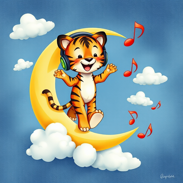 Create an illustration of a cheerful tiger wearing headphones, walking on a large crescent moon surrounded by fluffy clouds and flowing musical notes, using a digital watercolor style, with a 50mm lens, f/2.8 aperture, ISO 100, and a soft focus background for enhanced clarity.