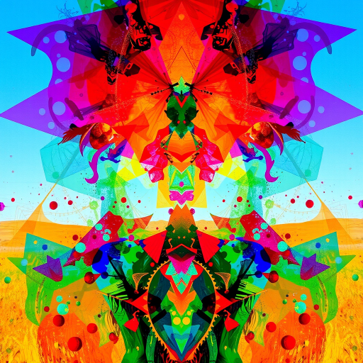 Generate an abstract art piece with vibrant colors and geometric shapes using a DSLR camera in landscape mode, f/8 aperture, ISO 100, 1/250 sec shutter speed to ensure clarity and detail.