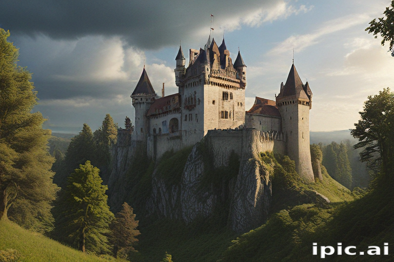 Majestic Castle Perched on a Cliff Surrounded by Lush Green Forests