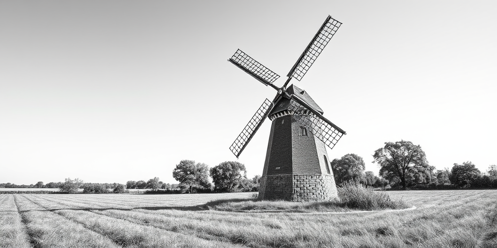 Create a high-resolution black and white illustration of a traditional windmill in a rural landscape with detailed textures, using a DSLR camera with a 50mm lens at f/8, 1/250 sec exposure, and ISO 100 for sharp clarity, on a sunny day with a clear blue sky.