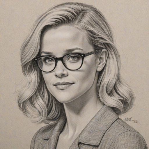 Splendid Reese Witherspoon, pencil sketch, portrait of Graceful woman 1946s in glasses, hair style beatnik, outline, clear lines, fine lines, 8k