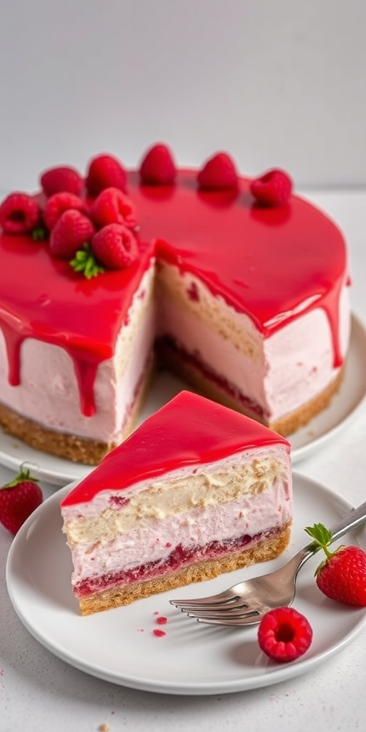Create an image of a delicious raspberry mousse cake with a glossy raspberry glaze on top decorated with fresh raspberries, featuring a slice of the cake on a plate with a spoon beside it, set against a light textured background.