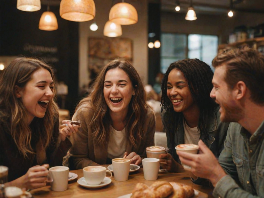 Blurry, candid photo of a group of friends laughing at a coffee shop, soft glow from overhead lights illuminating their faces, the smell of freshly brewed coffee and pastries filling the air.