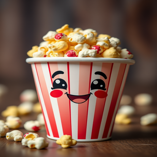 Generate a cute cartoon popcorn bucket with a happy face, bright colors, and exaggerated features, captured in a close-up shot with a Canon EOS 5D Mark IV, f/2.8 aperture, ISO 100, 50mm lens for enhanced image quality.
