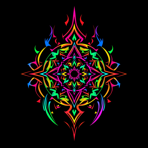 Vibrant "Neo-Tribal Fusion" tattoo design featuring intricate geometric patterns intertwined with organic shapes, rendered in bold neon colors against a deep black background, showcasing a mesmerizing blend of traditional tribal motifs and futuristic elements, with sharp lines and smooth curves creating a dynamic and eye-catching composition that seems to pulse with energy, perfect for those seeking a modern twist on ancestral art