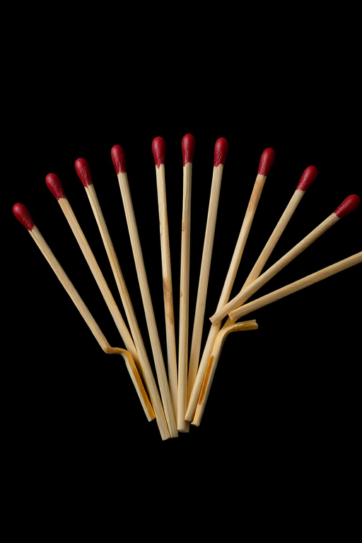 Regenerate the image of matchsticks arranged in a fan shape against a black background with a Canon EOS R5, 50mm lens, f/2.8 aperture, ISO 100, 1/125 sec shutter speed, soft diffused lighting to enhance shadows and depth.