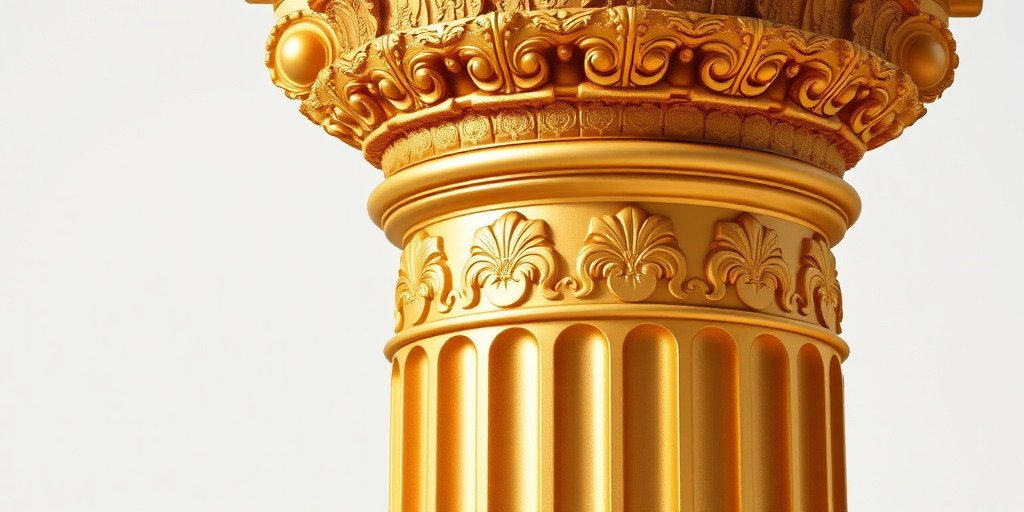 Regenerate a high-resolution image of a golden Corinthian column with intricate leaf details and a smooth texture, captured with a DSLR camera at f/8 aperture, ISO 100, 50mm focal length, in front of a soft-gradient background to enhance depth and clarity.