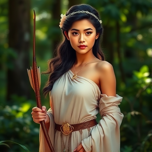 Create a portrait of a goddess-like Maori girl figure in a tranquil, forested environment. She has an elegant appearance with long, wavy hair styled in an updo and adorned with a delicate, floral headband. She wears a flowing, ancient Greek-inspired gown in a soft, pale color, featuring a one-shoulder design and draped fabric that accentuates her graceful form. The outfit includes a decorative belt with ornate gold detailing, and she holds a bow in her hand, with a quiver of arrows slung over her shoulder. The background depicts lush greenery, with sunlight filtering through the trees, casting a gentle, ethereal light on the scene. Her expression is calm and contemplative, embodying a sense of wisdom and serenity.