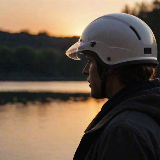 A silhouette of a person wearing a white helmet, gazing thoughtfully at a sunset by a river, with soft bokeh lights in the background and a calm atmosphere.