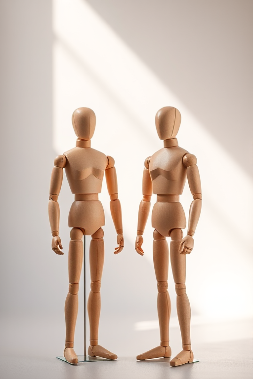 Create a high-resolution image of two wooden mannequins standing in a minimalist studio setting, using a DSLR camera with a 50mm lens, aperture set to f/1.8, ISO 200, shutter speed 1/125s, natural lighting, and a shallow depth of field to enhance detail and focus on the mannequins while softly blurring the background.