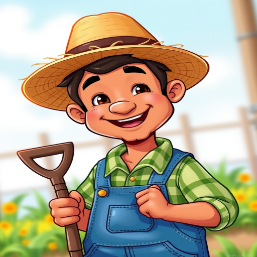 Create a high-resolution cartoon image of a cheerful farmer, with a brown-skinned man wearing a straw hat, green checked shirt, and blue overalls, holding a spade, illustrated in a vibrant and colorful style, using a digital art approach with a 50mm lens equivalent, f/4 aperture, and a soft focus background to enhance subject clarity.
