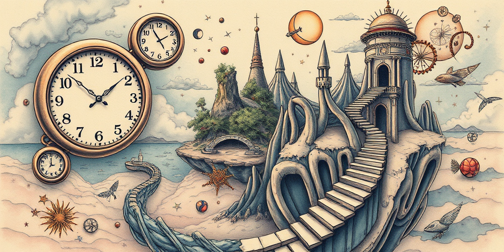 Surrealist tattoo "Dreamscape Odyssey" blending elements of nature and fantasy in a dreamlike composition, with melting clocks, floating islands, and impossible staircases in muted pastel hues