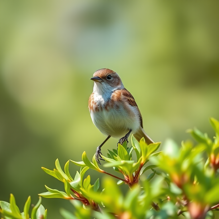 captured image of a small bird perched on green foliage, shallow depth of field, 50mm lens, f/2.8 aperture, ISO 200, natural sunlight, DSLR camera, focus on bird with blurred background