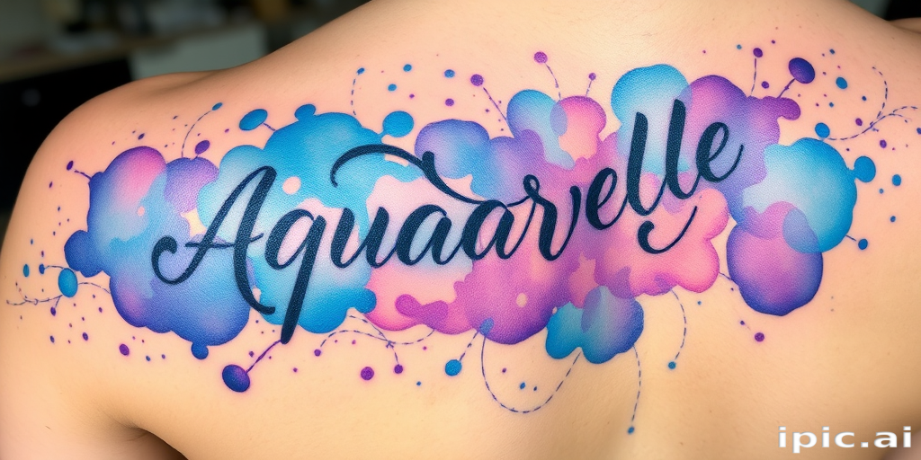 Vibrant watercolor splashes form an intricate "Aquarelle Dream" tattoo, blending soothing blues and purples with delicate linework, creating a dreamy and ethereal appearance on the skin